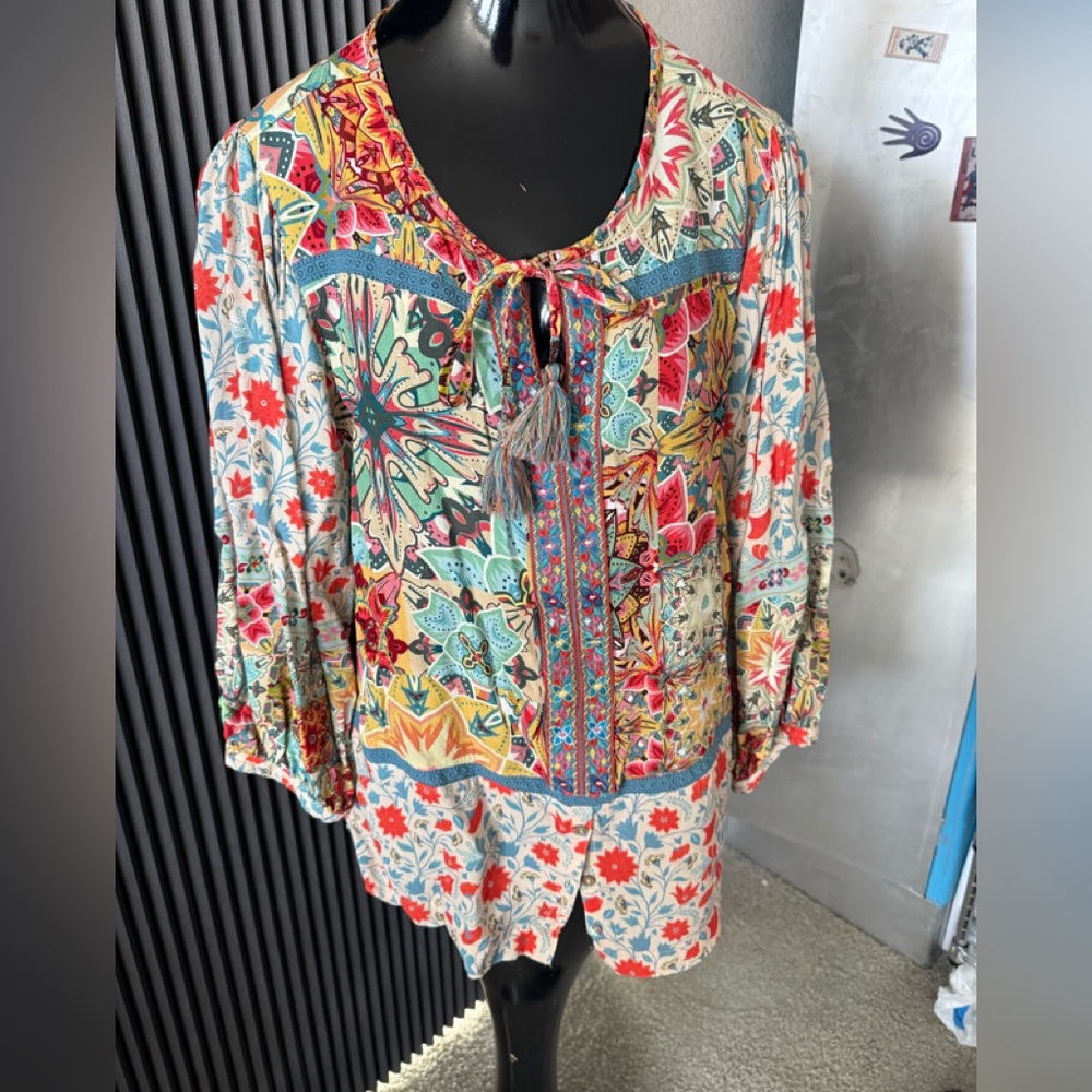 John Mark Boho Patchwork Floral Peasant Blouse | … - image 1